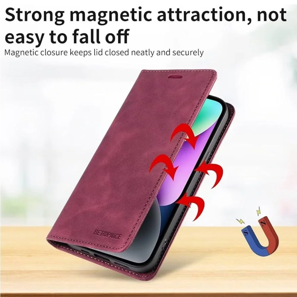 5for$10 Burgundy iPhone 15 Plus Leather Phone Case Card Holder Magnetic Case NWT